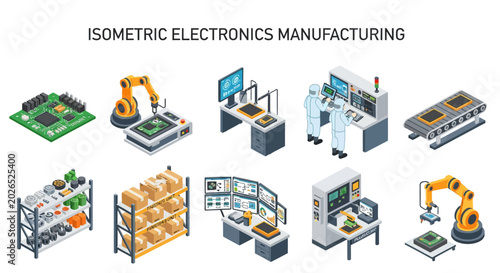 Tableau sur toile Isometric illustration of electronics manufacturing processes, depicting robotic