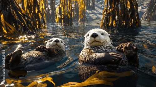 Cute Sea Otter Pair Swimming Among Underwater Seaweed