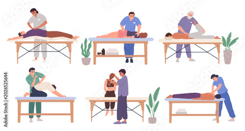 People at chiropractors. Osteopath makes massages, manual therapy process, orthopaedic treatment, patients lie on couches, medical spinal manipulation garish vector cartoon isolated set