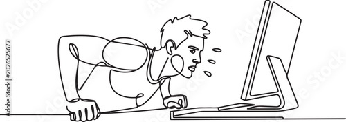 Tableau sur toile Continuous one line drawing man do push up movements by holding edge of work table