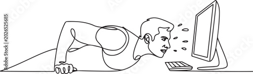 Konstfotografi Continuous one line drawing man do push up movements by holding edge of work table