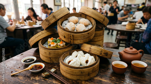 Fotografie Steaming Bamboo Baskets of Authentic Chinese Dim Sum