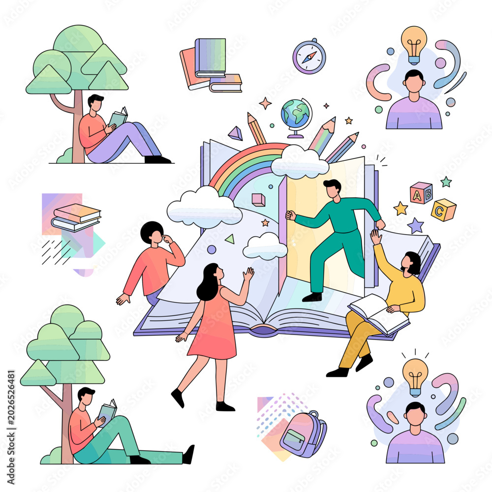 Fototapeta premium Creative education and imagination vector illustration set