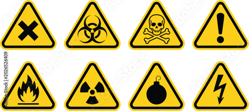 Φωτογραφία Danger warning, sign icon set vector, poison toxic biohazard skull and chemical hazard symbols in yellow triangle caution design