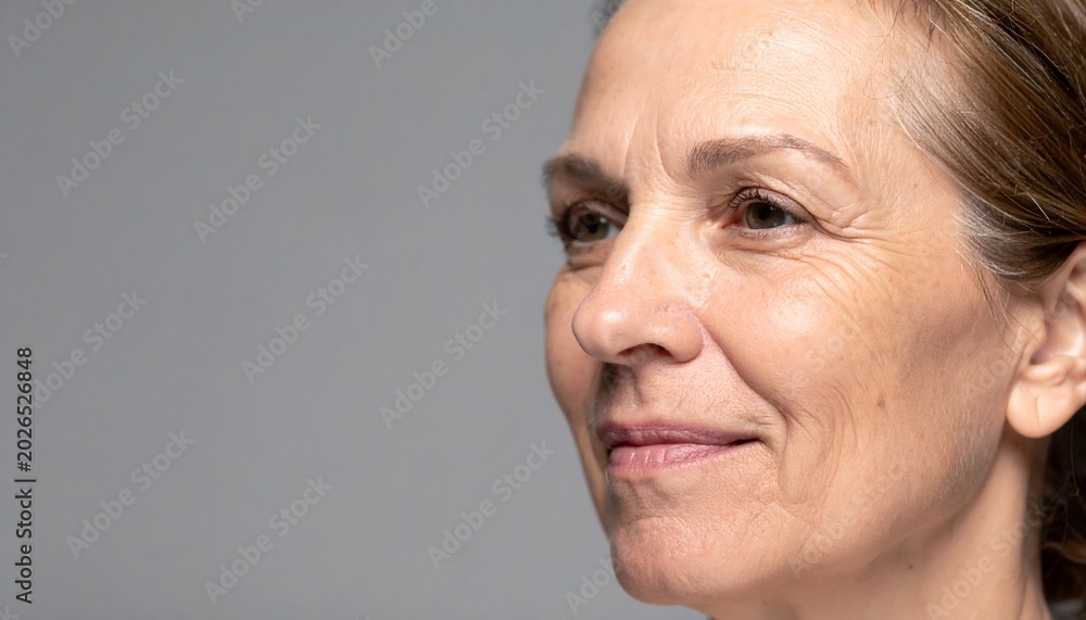 Fototapeta premium Mature woman face close up profile with copy space on gray background
