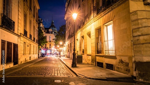 Evening street scene with illuminated buildings and a vintage lamppost