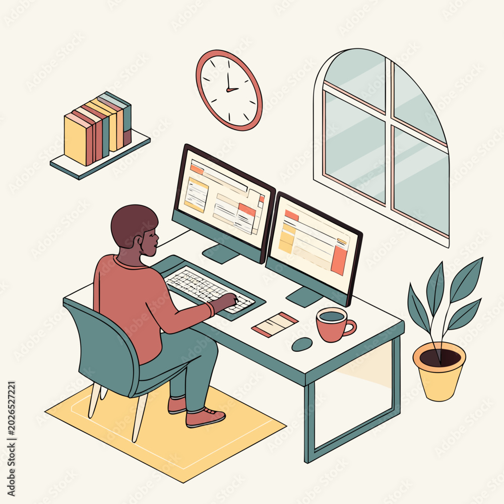 Fototapeta premium Professional working at desk with dual computer monitors in minimalist home office workspace