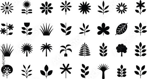 Schilderij op canvas Collection of plant silhouette icons with flowers, leaves, trees, and abstract b