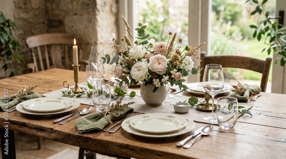Fototapeta premium Table Setting with Flowers and Candle Light Arrangement