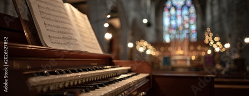 Organ with sheet music in a church setting with stained glass windows  