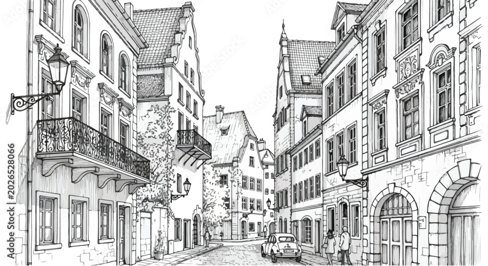 Obraz premium Vintage European Old Town Street Architectural Illustration Vector