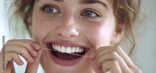 Young woman smiling while flossing teeth in bathroom mirror  