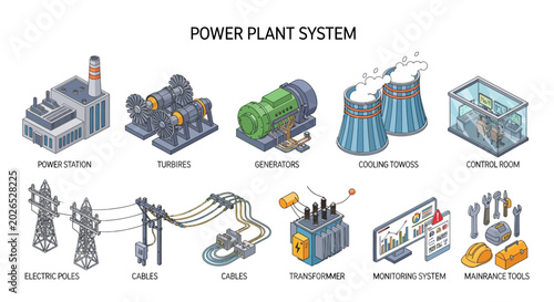 Obraz na płótnie An isometric illustration depicting various components of a modern power generat