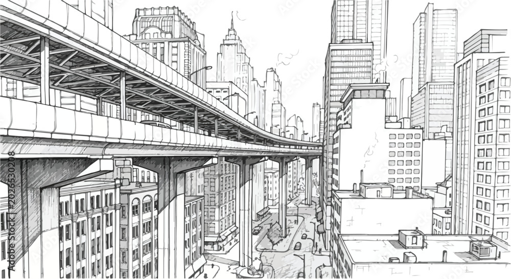 Obraz premium Urban Cityscape Vector Illustration with Elevated Highway and Towers