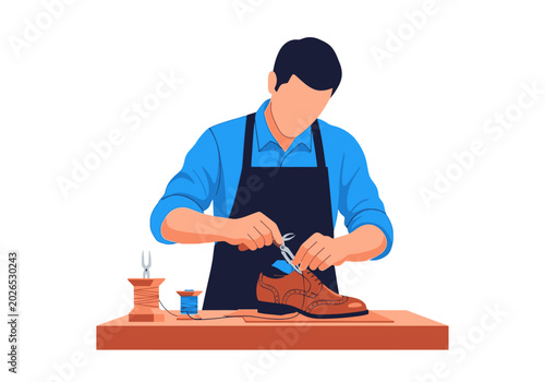 Tableau sur toile Professional Shoemaker Artisan Repairing Classic Leather Brogue Shoes in Worksho