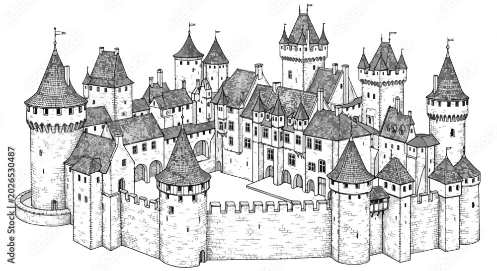 Fototapeta premium Medieval Castle Fortress Architecture Vector Line Art Illustration