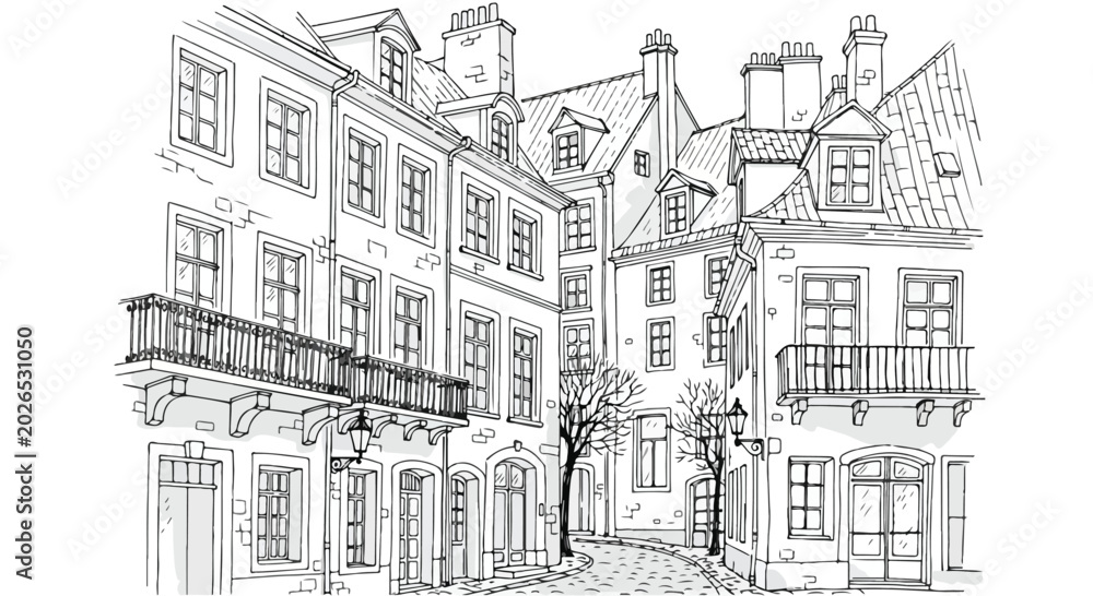 Obraz premium Hand Drawn Old European City Street Vector Illustration Line Art