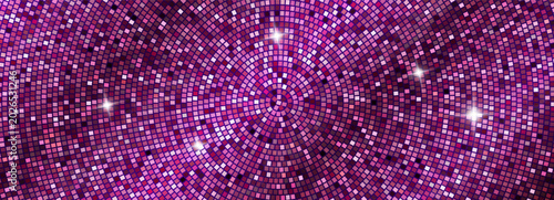 Pink purple disco ball mosaic backdrop. Radial tile pattern with sequins, tiles, panels with sparkle flares. Vector iridescent gradient texture. Background for party, club, dance, nightclub.
