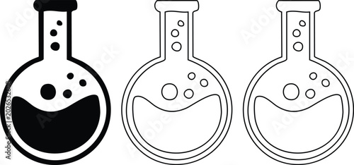 Foto Three stylized illustrations of laboratory flasks droppers and human brain in black and white outlines for scientific and educational graphics