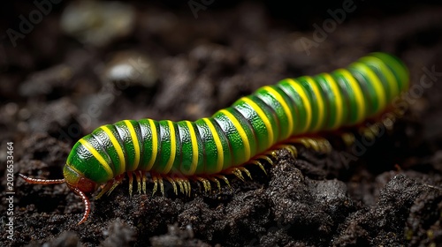 A vibrant green and yellow millipede crawling on dark soil with tiny legs and antennae