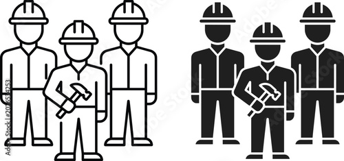 Obraz na płótnie Group of construction workers wearing hard hats holding hammer vector icon set f