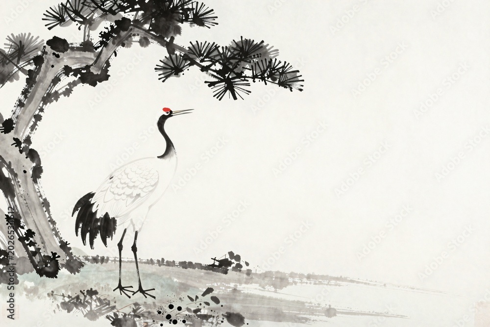 Obraz premium Japanese sumi-e ink painting, copy space