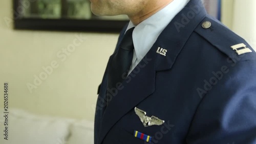 U.S. Air Force Officer in Dress Uniform With Pilot Wings and Service Ribbon Closeup