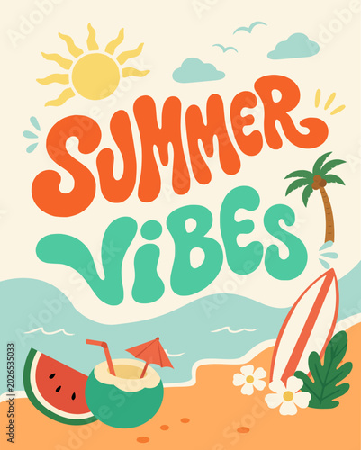 Retro Summer Vibes Typography Poster with Tropical Beach and Surfboard Vector Illustration