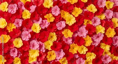 Vibrant red pink and yellow primrose flowers background pattern