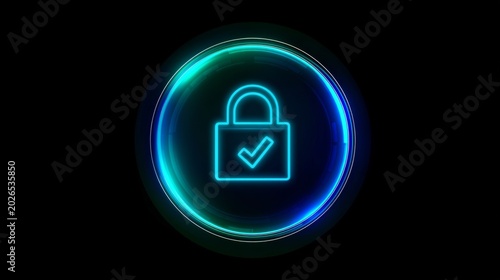 Lock symbol with check mark in blue and green light on dark background
