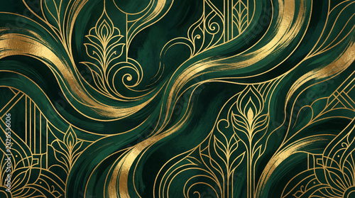 a stunning illustration of elegant dark green background with gold accents abstract