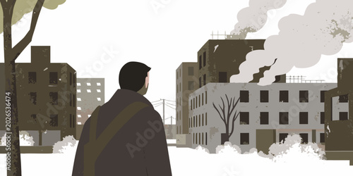 Obraz na płótnie Post apocalyptic cityscape illustration with figure somber and desolate