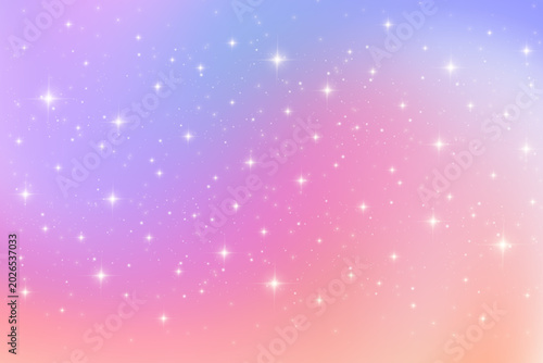 Purple night sky with starry galaxy backdrop. Pink and violet space background with cosmic nebula, aurora lights and dreamy celestial atmosphere perfect for design. Fantasy vector illustration