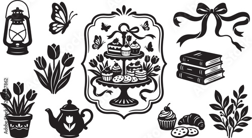 Whimsical Black and White Tea Party Illustrations Collection