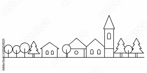 line drawing of a village landscape with trees and church steeple