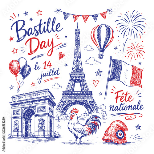 Obraz na płótnie Bastille Day Celebration Illustration with French Symbols.