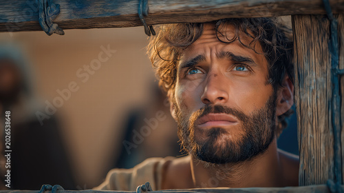 Joseph being taken into slavery by traders, dramatic biblical scene of betrayal and separation, emotional moment filled with sorrow, uncertainty, and the beginning of a difficult journey