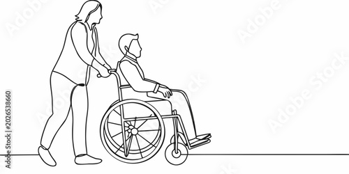 Photos line drawing of person pushing wheelchair accessibility assistance
