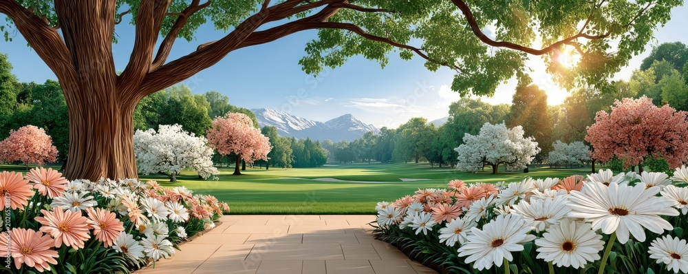 Fototapeta premium Sunny spring landscape with large tree, blooming daisies and distant mountains by a garden path