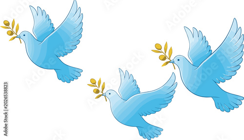 Fotografia Vector Illustration of Three Doves Carrying Olive Branches Symbolizing Peace, Ha