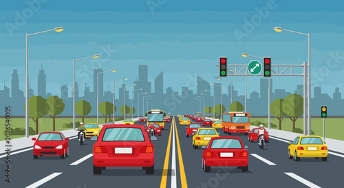 Busy city traffic on a multiple-lane highway illustration