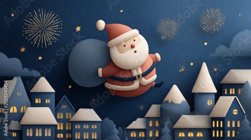 Joyful Santa Flying Across Midnight Sky with Charming Winter Village