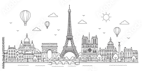 Foto Paris Skyline Outline Drawing with Famous Landmarks.