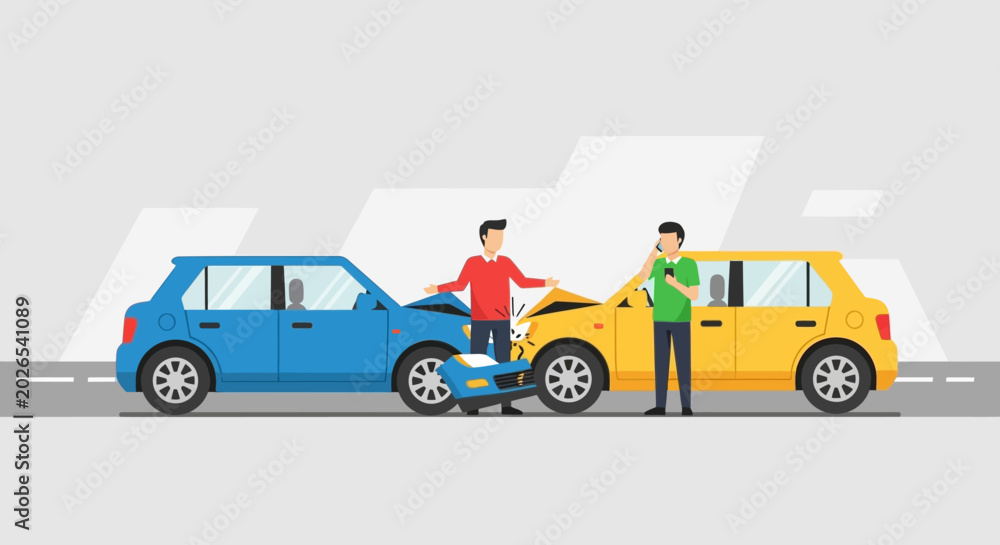 Naklejka premium Car Accident Illustration: Damaged Vehicles and Concerned People