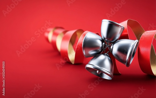 Festive Metallic Jingles with Ribbon Arrangement on Red Background