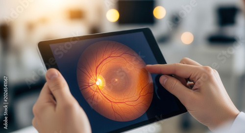 Medical professional hands holding tablet with retinal eye fundus scan, ophthalmology diagnostics and healthcare innovation