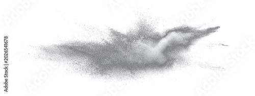 Foto Explosive burst grey powder particles dispersed dynamic abstract form, suggesting impact or release of fine particulate matter