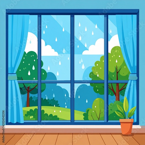 Rainy Day Window View Cartoon Interior Illustration