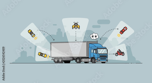 Truck with vehicle thoughts, transportation concept, flat illustration