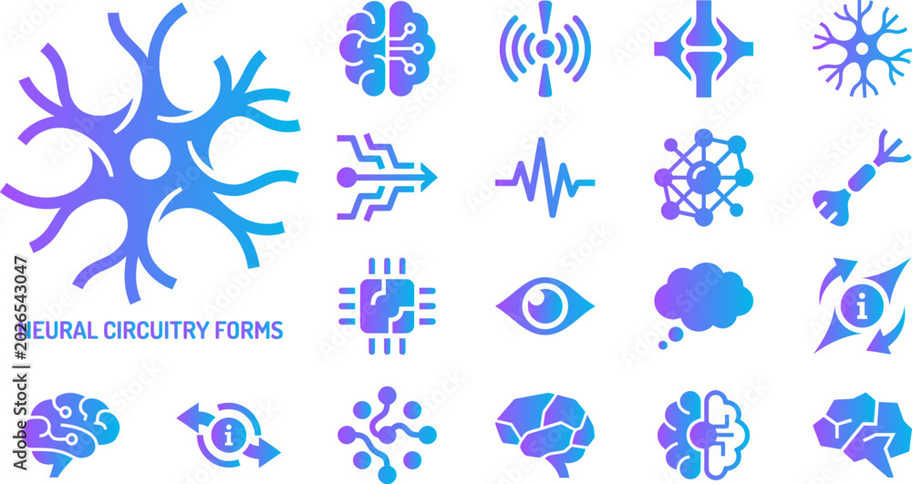Fototapeta premium Collection of neural network and brain circuitry forms icons with gradient purple and blue colors.